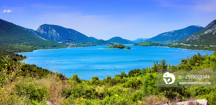 Panoramic view of the blue waters along the Pelješac peninsula near Mali Ston, Croatia