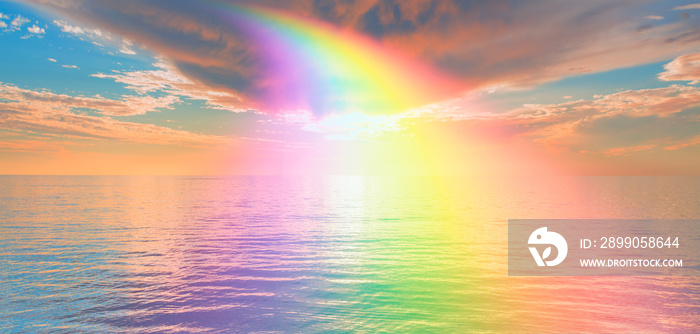 Storm on the sea with amazing rainbow at sunset