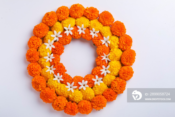 Marigold Flower rangoli Design for Diwali Festival , Indian Festival flower decoration