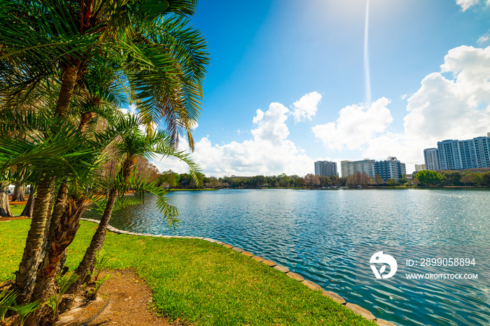 Sun shining over Lake Eola park in Orlando