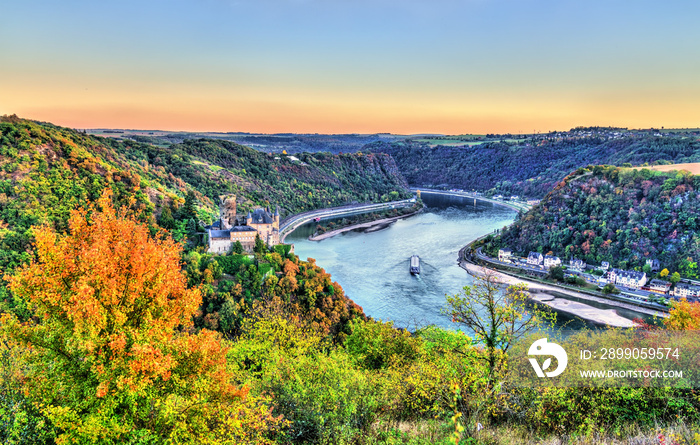 View of Katz Castle and the Rhine in autumn. Germany