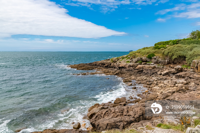 Port Navalo in Brittany, at the entrance of the Morbihan gulf, beautiful seascape of the ocean, rocky coast