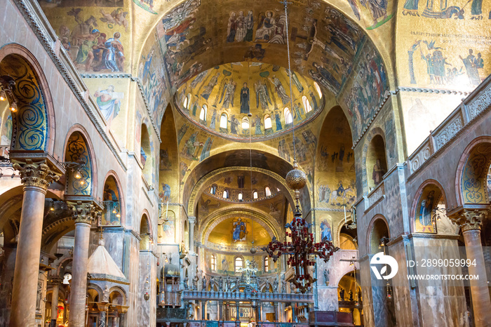 Luxury interior of Saint Mark’s Basilica with gold and lots of mosaics. Venice, Italy