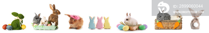 Set of Easter bunnies, painted eggs and cookies on white background