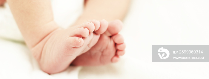 Newborn Baby Feets. Tiny Child Feet, Maternity, Birth, Childcare. Closeup View. Banner Design.