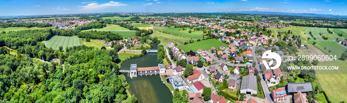 Aerial panorama of Eschau, a village near Strasbourg - Grand Est, France