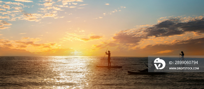 Silhouettes of SUP girls surfing in the sea. Sunset time of the day. Beautiful sky with clouds. Banner, copy space.