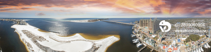 Panoramic aerial view of Destin, Florida at sunset