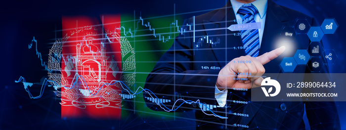 Businessman touching data analytics process system with KPI financial charts, dashboard of stock and marketing on virtual interface. With Afghanistan flag in background.