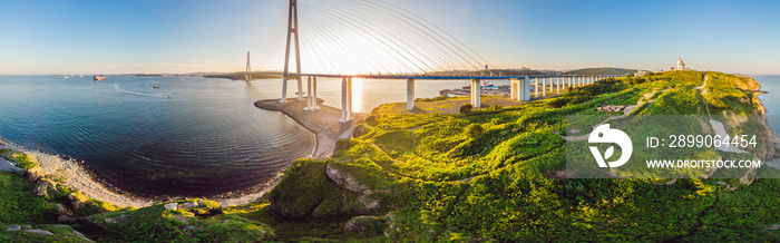 Suspension Russkiy Bridge seen from Russkiy island in Vladivostok, Russia