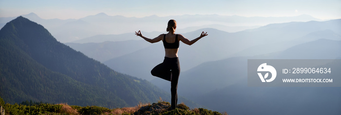 Back view of young woman performing yoga pose on grassy hill and looking at beautiful mountains. Sporty woman standing on one leg and doing Gyan mudra hand gesture while practicing yoga outdoors.