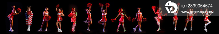 Set of beautiful cheerleaders on dark background