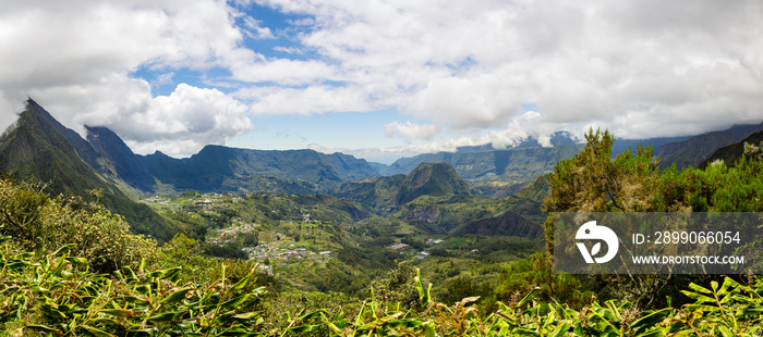 Panorama on the mountain peaks of Reunion Island in the Cirque of Salazie