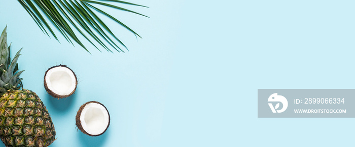 halves of coconut, pineapple and palm leaf on a blue background. Top view, flat lay. Banner