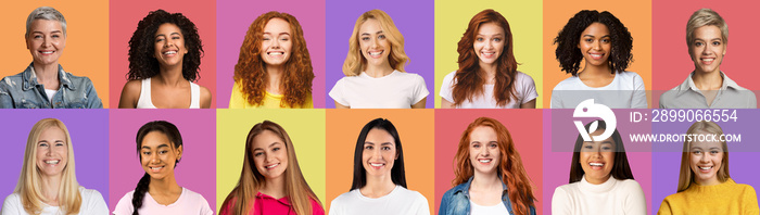 Beautiful diverse women smiling on colorful backgrounds, set