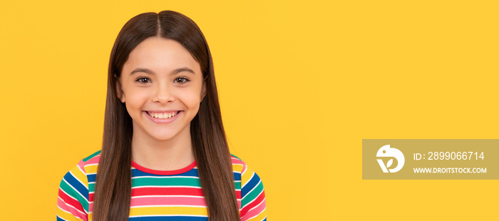 Happy girl child smile yellow background. Child face, horizontal poster, teenager girl isolated portrait, banner with copy space.