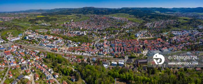Aerial view of the city Balingen in Germany on a sunny day in Spring during the coronavirus lockdown.