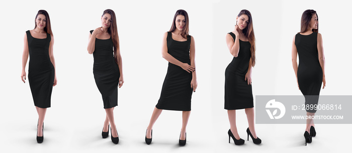 A set of a black tight dress on a girl in heels. Mockup of fashionable mid-length sundress, isolated on background, front, side, back view.