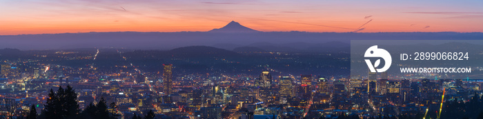 Panoramic Portland Oregon and Mt Hood at sunrise