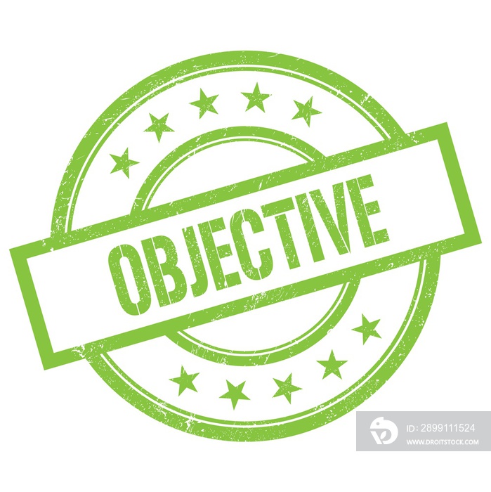 OBJECTIVE text written on green vintage stamp.