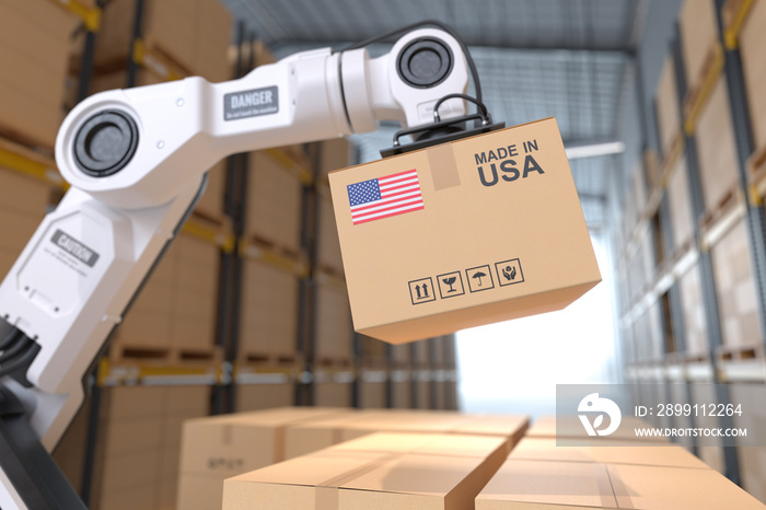 The Robot arm picks up the cardboard box Made in USA, Automation robot arm in the storehouse