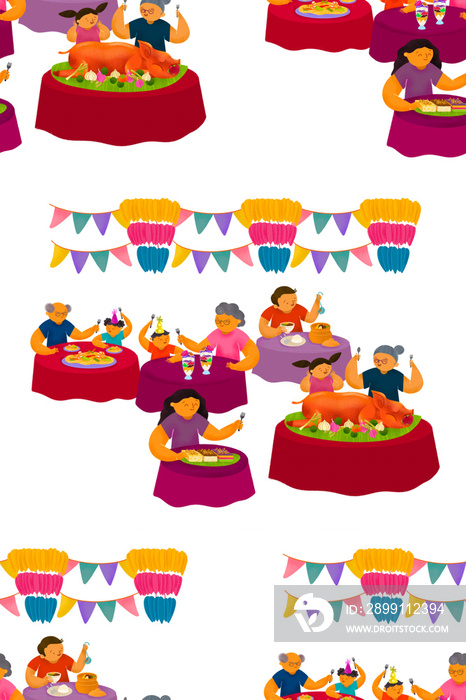 Filipino fiesta scene pattern on people eating lechon roasted pig, kakanin rice cakes, halo-halo, pa