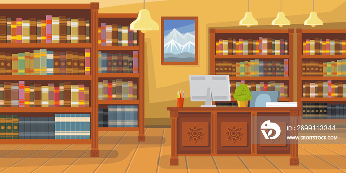 Modern library with bookshelf illustration. Librarians desk with desktop computer. Interior illustra