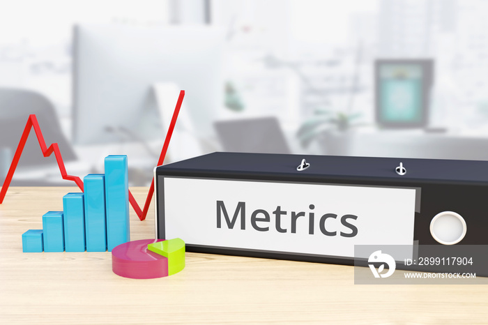 Metrics – Finance/Economy. Folder on desk with label beside diagrams. Business/statistics. 3d render