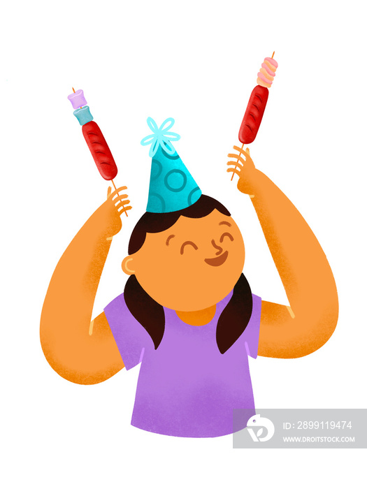 菲律宾女孩戴着派对帽子，手里拿着热狗棉花糖棒