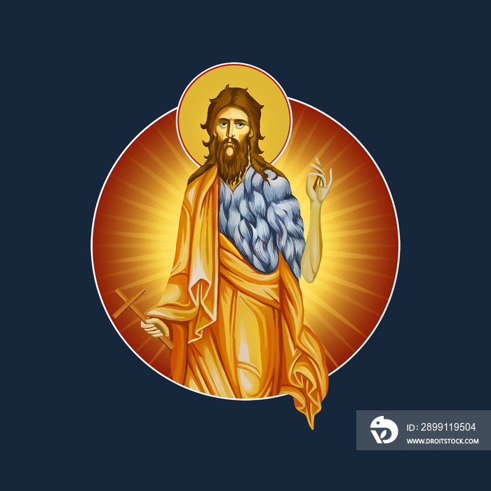 Medallion with John the Baptist on a dark blue background. Illustration - fresco in Byzantine style.