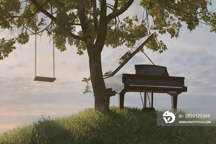 枫树和老秋千旁边的草山上的大钢琴的三维渲染