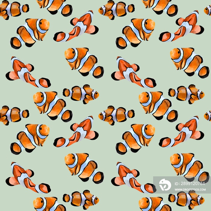 Watercolor seamless pattern illustration of orange clown fish. Exotic salt water amphiprion fish on 