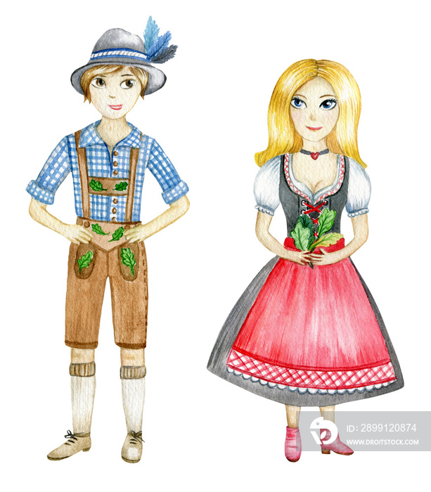 Watercolor bavarian traditional decorative folk elements. Hand drawn people in national costumes. Ge