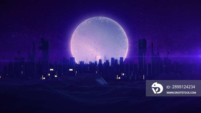 Futuristische Skyline bei Nacht mit Mond | 3D Render Illustration