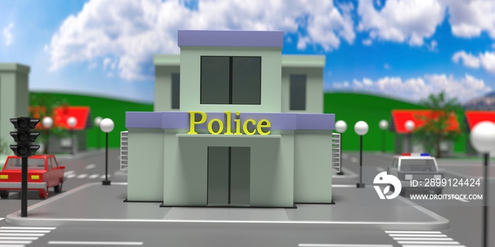 小镇上的警察大楼，房屋和街道背景，3d插图