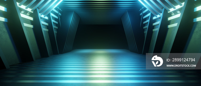 Futuristic Tunnel in blue green neon light, underground hallway space age. Abstract alien technology