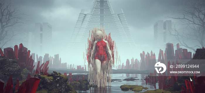 Futuristic Female Strong Aggressive Pose in a Red Body Suit With Abstract 3d Shapes Alien Landscape 