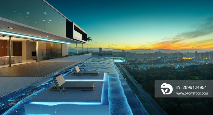 Luxury villa exterior design with beautiful sunrise landscape at the infinity pool