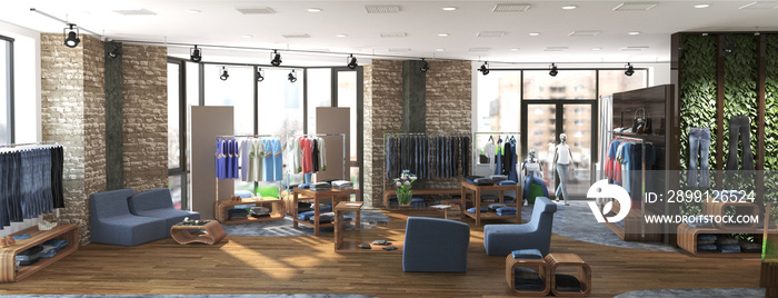 购物中心，室内可视化，3D插图