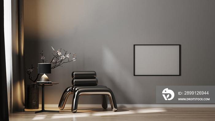 Empty horizontal frame mock up on gray wall in luxury dark interior with metal armchair and black to