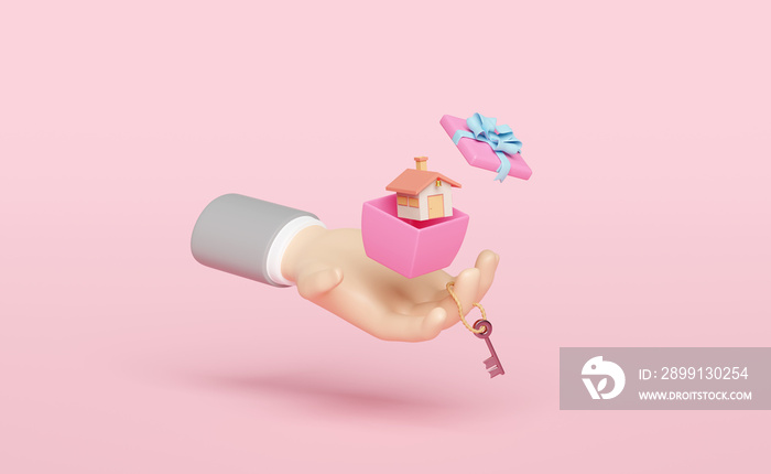 3d商人双手拿着房子，钥匙放在粉色背景上的粉色礼盒中。概念米