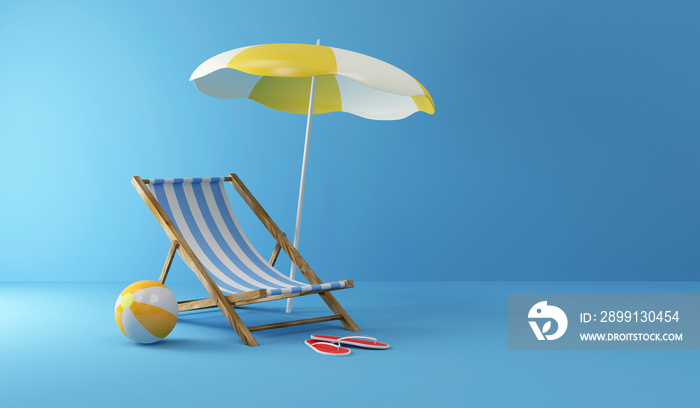 Summer Concept. Deck Chair with Sunshade and Color Beach Ball on studio background