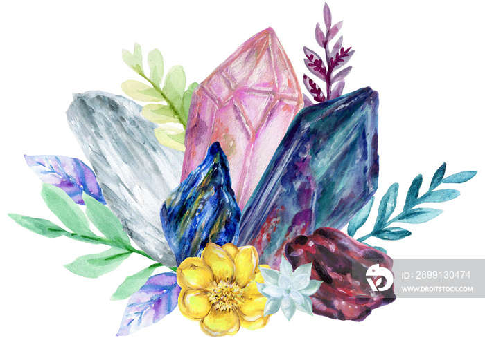 Watercolor Jewery Stone Gemstone Crystal cluster foliage bouquet ornament hand drawn