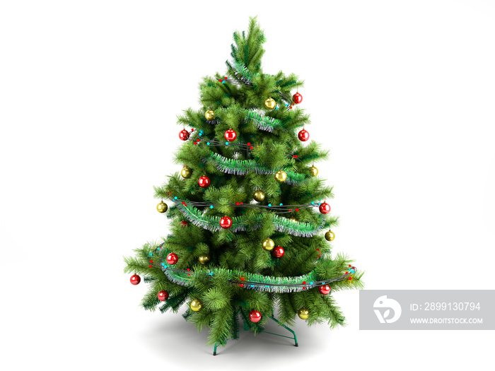 圣诞树与五颜六色的玩具3d渲染隔离在白色上