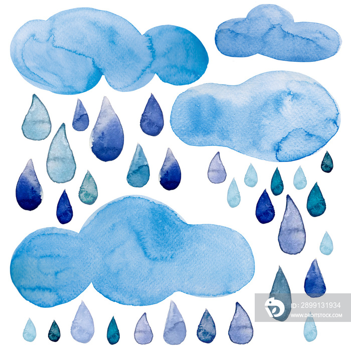 为天气预报设置的蓝天和雨滴的独立水彩插图