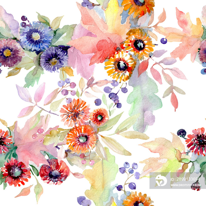 花束花卉植物花。水彩背景插图集。无缝背景图案