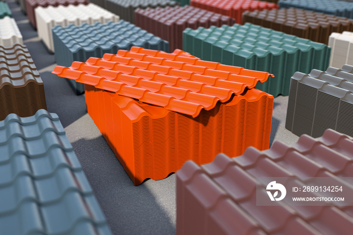 Stacks of metal tile sheets of different colors in the warehouse for roof construction.