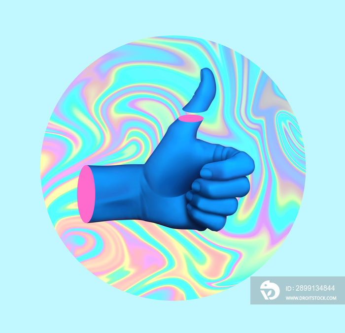 Futuristic holographic poster with hand showing thumb up. Minimal art, 3d illustration.