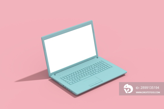 Green laptop empty screen on pink background, minimal creative concept, 3d rendering