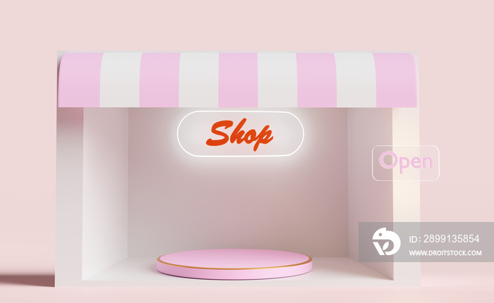 cylinder stage podium with shop store front isolated on pink background,open label tag,startup franc